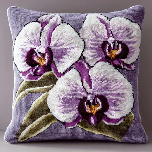 ASONGLINGO Latch Cushion Set Latch Thread Kits Knotting Cushion Craft Set Knüpfkissen Diy Knüpfset Knüpfhaken Knüpfen DIY Dekokissen 43x43cm(Lila Orchideenblüten) von ASONGLINGO