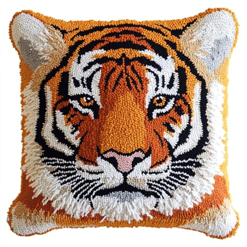 ASONGLINGO Latch Cushion Set Latch Thread Kits Knotting Cushion Craft Set Knüpfkissen Diy Knüpfset Knüpfhaken Knüpfen DIY Dekokissen 43x43cm(Tier Tiger) von ASONGLINGO