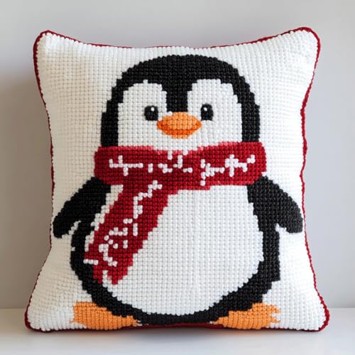 ASONGLINGO Latch Cushion Set Latch Thread Kits Knotting Cushion Craft Set Knüpfkissen Diy Knüpfset Knüpfhaken Knüpfen DIY Dekokissen 43x43cm(Tierischer Pinguin) von ASONGLINGO