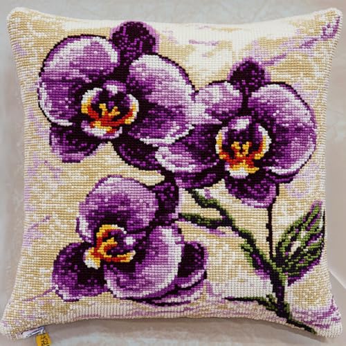 ASONGLINGO Latch Hook Cushion Kit, Latch Cushion Set for Beginners Adults, Diy Knüpfen Set Kissen Knüpfen Handarbeit 43x43cm(Lila Orchideenblüten) von ASONGLINGO