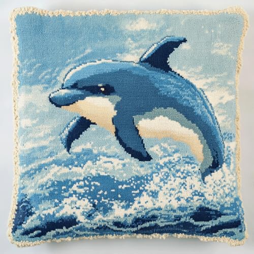 ASONGLINGO Latch Hook Cushion Set, Latch Cushion Set for Beginners Adults, DIY Knüpfteppiche & Knüpfkissen 43x43cm(Cartoon-Delfin) von ASONGLINGO