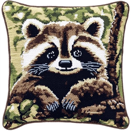 ASONGLINGO Latch Hook Cushion Set, Latch Cushion Set for Beginners Adults, DIY Knüpfteppiche & Knüpfkissen 43x43cm(Cartoon-Waschbär) von ASONGLINGO