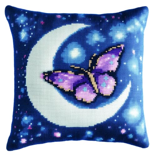 ASONGLINGO Latch Hook Cushion Set, Latch Cushion Set for Beginners Adults, DIY Knüpfteppiche & Knüpfkissen 43x43cm(Mond und Schmetterling) von ASONGLINGO