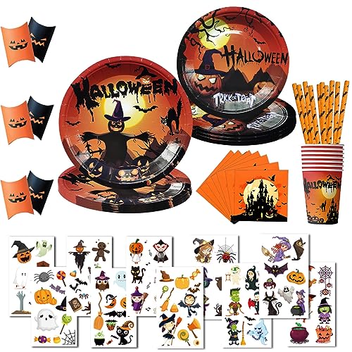 ASSUGO Halloween Geschirr 80 Stück, Halloween Tischdeko Set aus Pappteller Becher Servietten Strohhalme Bonbonbox Kürbis Tattoo Sticker, Halloween Partygeschirr für Kinder, Grusel Party (10 psc) von ASSUGO