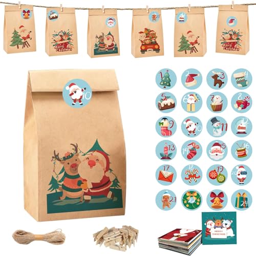 Adventskalender Zum Selbstbefüllen, 24 pcs - adventskalender selber befüllen, Geschenk adventskalender zum befüllen kinder, Klappkarten Seil Clips in der adventskalender tüten von ASSUGO