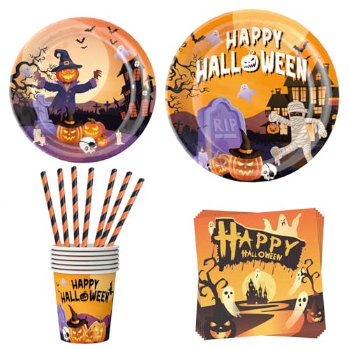 Halloween Geschirr 50-teiliges Set, ASSUGO Halloween Partygeschirr Set aus Pappteller Becher Strohhalme, Halloween Tischdeko für Kinder, Grusel Party, Garten (10 psc) von ASSUGO