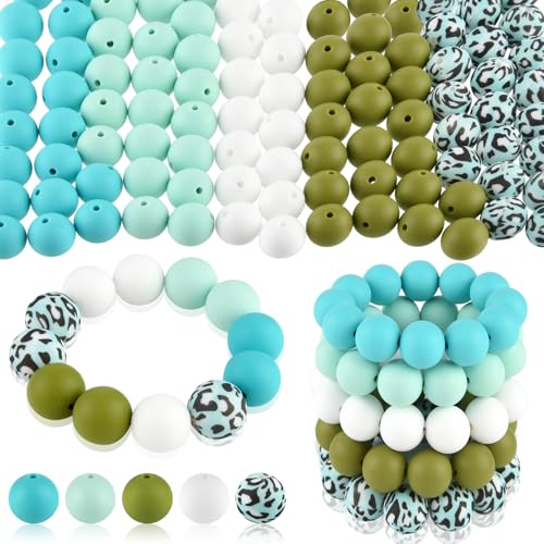 ASTARON 100 Stück 15 mm Silikonperlen zur Herstellung von Schlüsselanhängern, cyan, blau, weiß Silikonperlen, runde Perlen in großen Mengen für Armbänder, Stifte, Basteln, Schmuckherstellung von ASTARON