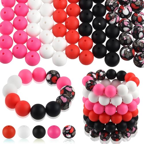 ASTARON 100 Stück 15 mm Silikonperlen zur Herstellung von Schlüsselanhängern, rot, rosa, schwarz, weiß Silikonperlen, runde Perlen in großen Mengen für Armbänder, Stifte, Basteln, Schmuckherstellung von ASTARON