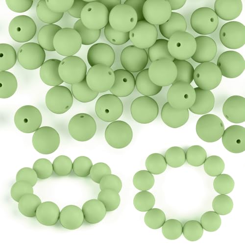 ASTARON 100 Stück 15 mm Silikonperlen zur Schlüsselanhängerherstellung, Matcha-grüne runde Gummiperlen für Armbänder, Bastelarbeiten, Perlenstifte, Dekorationen, Schmuckherstellungszubehör von ASTARON