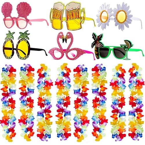 ASTARON 18pcs Hawaiian Party Zubehör Hawaiian Leis und Sonnenbrille für tropische Party Dekorationen, Hawaiian Brille Halskette Fancy Kleid für Sommer Geburtstag Luau Party Zubehör von ASTARON