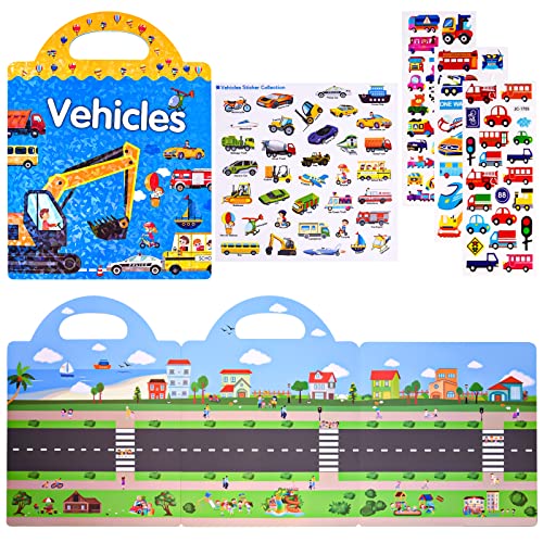 ASTARON 3D Puffy Sticker Buch für Kinder, 88 Pcs niedlich wasserdicht Fahrzeuge Aufkleber, Puffy Sticker Spiel Reise Aufkleber und pädagogische sensorische Lernspielzeug (2-6 Alter) von ASTARON