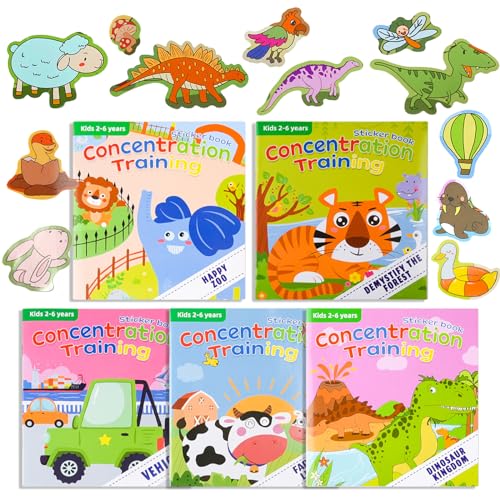 ASTARON 5 Pack Aktivität Sticker Buch für Kinder 2-6, Kleinkind Sticker Activity Book, Konzentrationstraining Sticker Spiel, Reisen Aufkleber und Pädagogisches Sensorisches Lernspielzeug von ASTARON