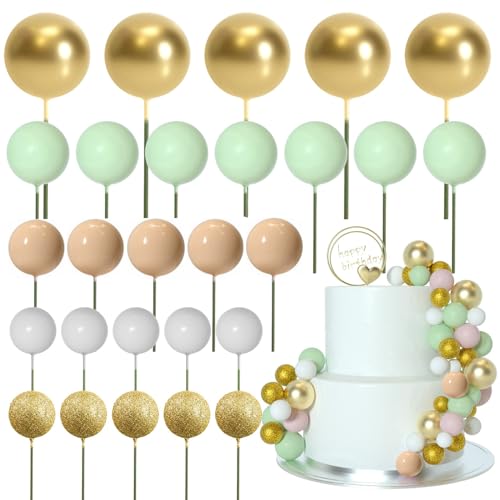 ASTARON 50 Stück Tortendeko Kugeln Cake Topper, Mini-Ballons Tortenaufleger für Hochzeit Party Babyparty Geburtstag Torte Dekorieren(Hellbraun, grüne Serie) von ASTARON