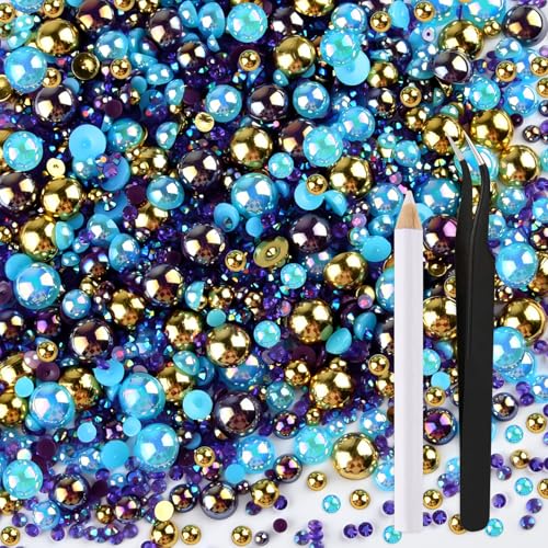 ASTARON 50g Mix Halbperlen und Glitzersteine für Kunsthandwerk, 3mm-10mm FlatBack Perlen und Strasssteine für Gesicht Nagel DIY Becher Becher Kunst Schuhe Kleidung (Blau Gold) von ASTARON