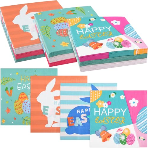 ASTARON 60 Stück Osterservietten, 3 Designs, Einweg-Papierservietten, Großpackung Osterhase und Ei, dekorative Cocktail-Servietten für Ostern, Abendessen, Geschirr, Dekoration, Oster-Partyzubehör von ASTARON