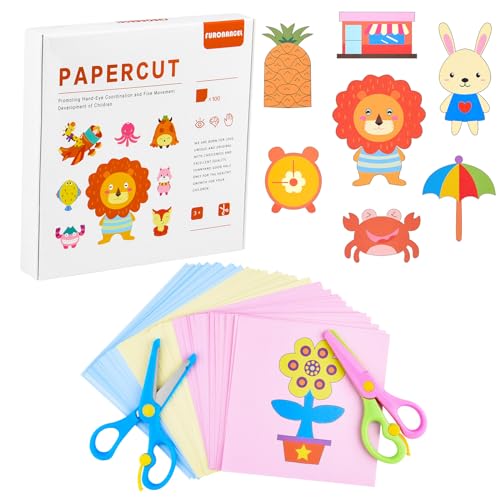 ASTARON Papier Schneide Set für Kinder inklusive 2 Kinderscheren und 100 Papier, Bastelschere Kinder für das Schneiden von Lernen, Vorschul-Lernspielzeug für Kleinkinder Basteln von ASTARON