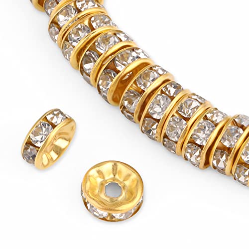 200 Stück Rondelle Spacer Perlen Gold 8mm Strass Metallperlen, Zwischenperlen zum Auffädeln Schmuckperlen Flache Runde Strasssteine Lose Perlen für DIY Armbänder Schmuckherstellung Ohrringe von ASTER