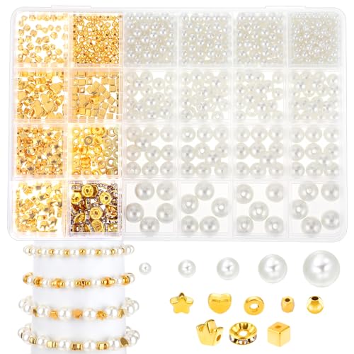 ASTER 1020 Stück Goldene Perlen für Armbänder, Perlenset zum Auffädeln, Klein Zwischenperlen für Erwachsene, Loch Spacer Bastelperlen für DIY Schmuckherstellung, Bracelet Making Kit von ASTER