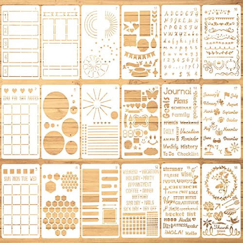 Aster 18 Stück Journal Schablonen Tagebuch Stencils Set, Wiederverwendbares Bullet Schablonen Malerei Vorlage Zubehör für DIY Geschenkkarten Journal Notizbuch Scrapbook Kalender von ASTER