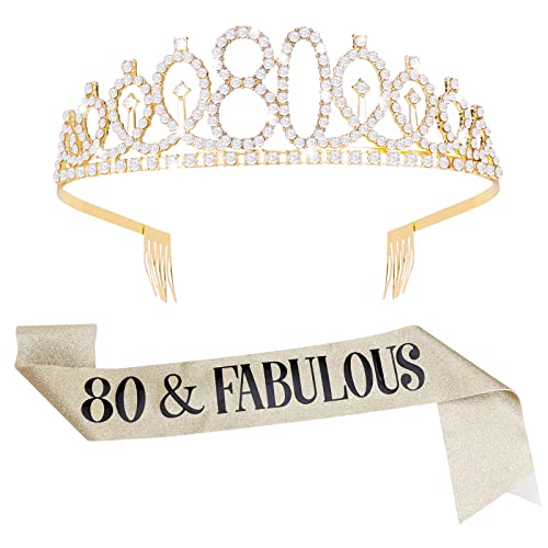 Aster 80. Geburtstag Krone und Schärpe, Gold Geburtstagskrone Tiara Frauen Prinzessin Strass-Krone Partydekorationen zum 80. Geburtstag, für 80. Geburtstag Geschenke von ASTER