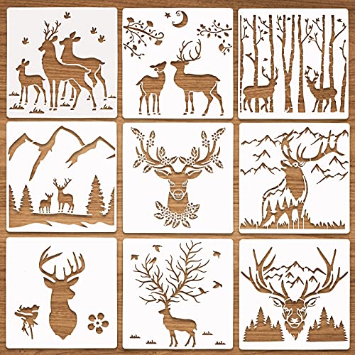 Aster 9 Stück Hirsch Stencil Schablonen Zeichnen Set, 28 x 28 cm Wald Hirsch Berg Wiederverwendbar Zeichnungs Schablonen für Scrapbooking Fotoalbum, DIY weihnachtskarten, Geschenke Weihnachten von ASTER