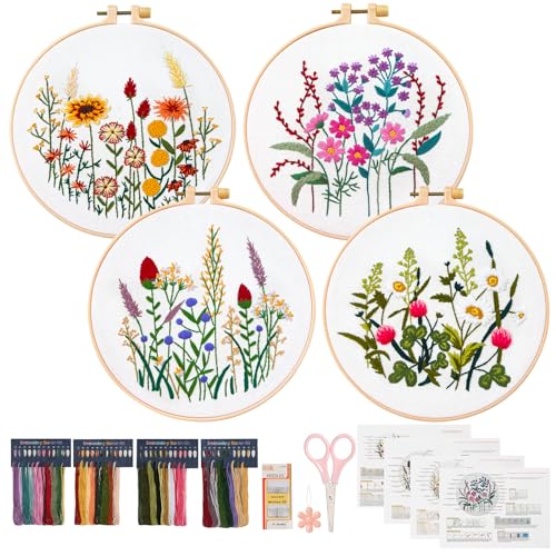 ASTNIC Stick set für Anfänger, 4 Sets Blumenmuster Pflanzen Stickerei set mit Reifen für DIY Kunst, Handwerk Anleitung und Werkzeug,stickset erwachsene anfänger (Blume, 4 Stück) von ASTNIC