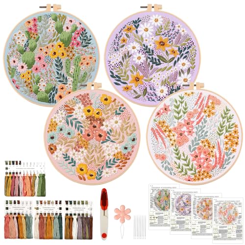 ASTNIC Stickset Für Anfänger, 4 Stück Blumenmuster Pflanzen Stickerei set, Starterkit mit Kunststoff Stickrahmen, Sticktuch, farbigen Fäden und Sticknadeln,DIY Kunst, Handwerk, Nähen von ASTNIC