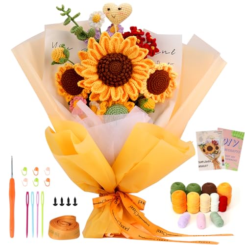 ASTNIC Häkelset für Anfänger, komplettes Blumen Häkelset für Anfänger Erwachsene, Blumenstrauß Häkel Starter Kit mit Häkelnadeln, Garn und Anleitung, DIY Handwerksgeschenk (Gelber Sonnenblumenstrauß) von ASTNIC