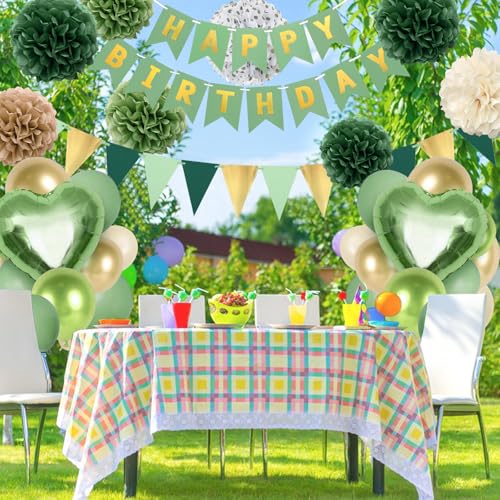 ASTNIC Geburtstagsdeko, Deko Geburtstag Party Salbeigrün Set mit Happy Birthday Banner, Grüne Gold Luftballons,Pompons Geburtstag Wimpel Tortendeko Party Supplies für Männer Frauen von ASTNIC