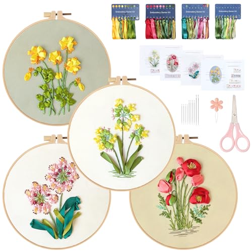 ASTNIC 4 Sets Stickset für Anfänger, Blumenmuster Pflanzen Starter Tools Kits Erwachsene Stickerei Set mit 2 Stück Kunststoff-Stickrahmen und Detail-Anleitung für Anfänger Kinder DIY Handwerk von ASTNIC