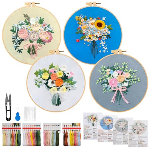 ASTNIC 4 Sets Stickset für Anfänger, Blumenmuster Pflanzen Starter Tools Kits Erwachsene Stickerei Set mit 2 Stück Kunststoff-Stickrahmen und Detail-Anleitung für Anfänger Kinder DIY Handwerk von ASTNIC