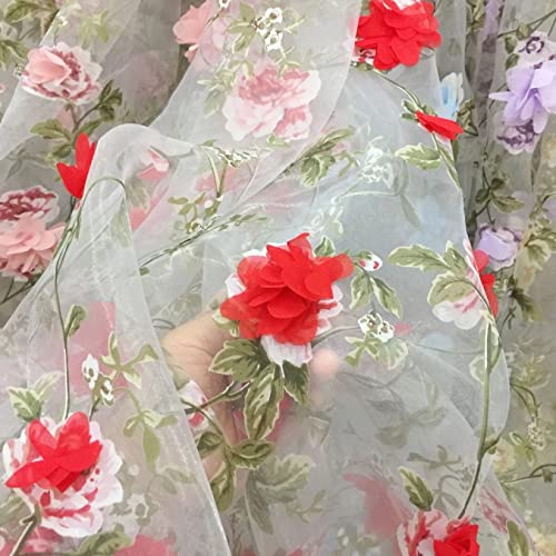 ASZHQUXIUAS Tüllstoffrolle 1 Yard 3D-Chiffon-Blumen-Organza-Tüll bestickter Spitzenstoff for Hochzeitskleid, Zuhause, Sofa, Dekoration, Nähen von Kleidern(Red) von ASZHQUXIUAS