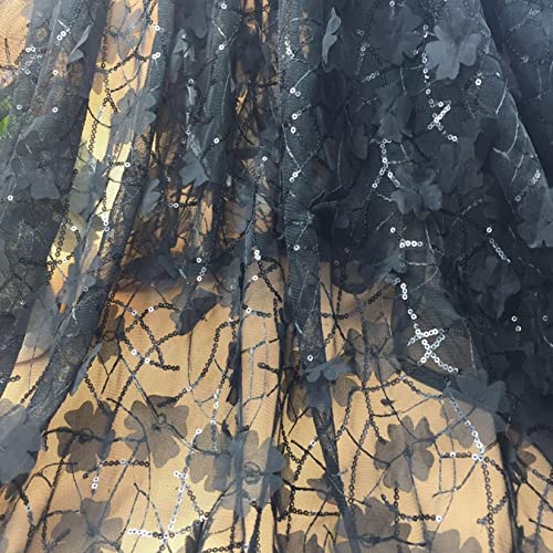 ASZHQUXIUAS Tüllstoffrolle 2 Meter Pailletten Mesh Tüll Organza 3D Chiffon Blumen Spitzenstoff for DIY Kleid Kostüm Blumenmädchen Kleid Home Decor(Black) von ASZHQUXIUAS