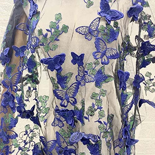 ASZHQUXIUAS Tüllstoffrolle 51" breite Organza-Tüll-Meterware, 3D-Stickerei, Schmetterling, Blumen-Tüll, Spitzenstoff, Nähen, Basteln, Hochzeitskleid, Dekoration(Navy Blue+Green,130cm*1yard) von ASZHQUXIUAS