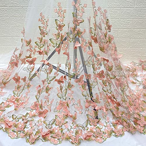 ASZHQUXIUAS Tüllstoffrolle 51" breite Organza-Tüll-Meterware, 3D-Stickerei, Schmetterling, Blumen-Tüll, Spitzenstoff, Nähen, Basteln, Hochzeitskleid, Dekoration(Pink+Gold,130cm*1yard) von ASZHQUXIUAS