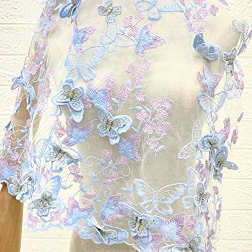 ASZHQUXIUAS Tüllstoffrolle 51" breite Organza-Tüll-Meterware, 3D-Stickerei, Schmetterling, Blumen-Tüll, Spitzenstoff, Nähen, Basteln, Hochzeitskleid, Dekoration(Purple+Blue,130cm*3yard) von ASZHQUXIUAS