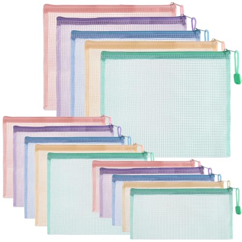 ASelected 15 Stück Dokumententasche A4+A5+A6 Mesh Dokumententaschen Reißverschlusstasche für Datei Papier Reise Schminktasche (5 Farben) von ASelected