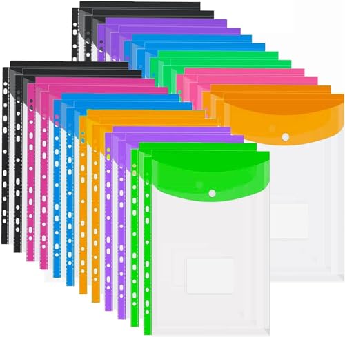 ASelected 24 Stück Dokumentenmappe A4 Druckknopf Abheftbar Transparent 6 Farben A4 Dokumenten Dokumentenmappe Sammelmappen Tasche für Dokument Organisieren mit Nruckknopf und Etikettentasche von ASelected