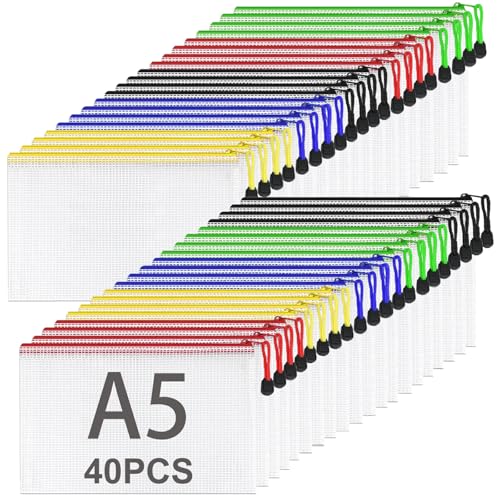 ASelected 40 Stücke Dokumententasche A4 Reißverschluss, Mesh Kunststoff Reißverschlusstasche (5-Farbe, A5) von ASelected