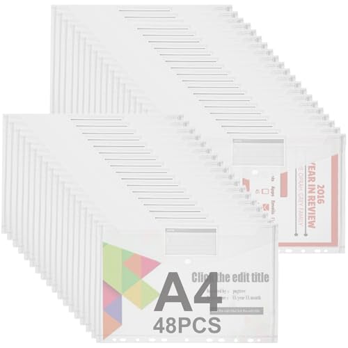 ASelected 48 Stück Dokumentenmappe A4 Abheftbar, Dokumentenmappe mit Druckknopf A4 Dokumententasche mit 11 Lochrand Transparent Sichttasche Sammelmappe A4 Druckknopf für Organizer Dokumente von ASelected