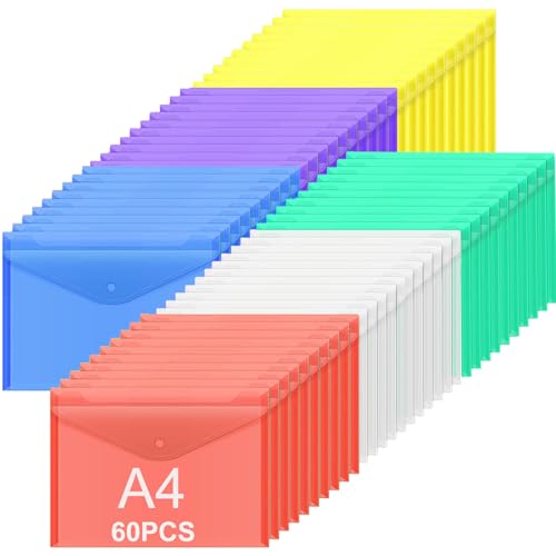 ASelected 60 Stück Dokumentenmappe mit Druckknopf A4 Dokumententasche Transparent Sichttasche Sammelmappe A4 Druckknopf für Organizer Dokumente - 6 Farben von ASelected