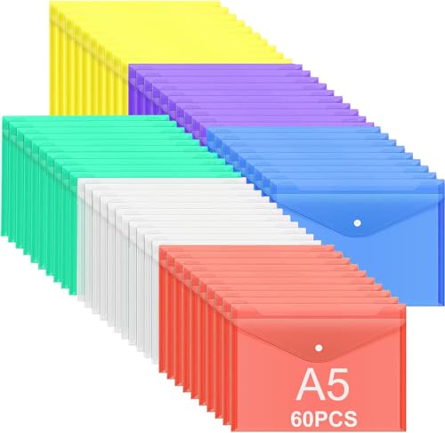 ASelected 60 Stück Dokumentenmappe mit Druckknopf A5 Dokumententasche Transparent Sichttasche Sammelmappe A5 Druckknopf für Organizer Dokumente - 6 Farben von ASelected