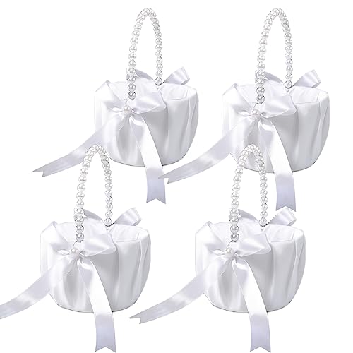 ATAILOVE Hochzeit Blumenmädchen Körbe mit Perlengriff Weiß Satin Bowknot Blumenkörbe für Blumenmädchen Pearl Collection, 4er Set von ATAILOVE