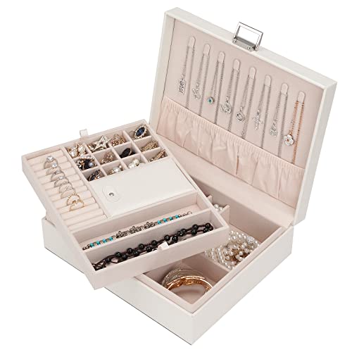 ATAIMEISEN Schmuck-Organizer-Box für Mädchen und Frauen, Reise-Schmuckkoffer, doppellagig, groß, Schmuck-Aufbewahrungsbox, Reise-Schmuckschatulle mit Geschenkbox, Weiß von ATAIMEISEN