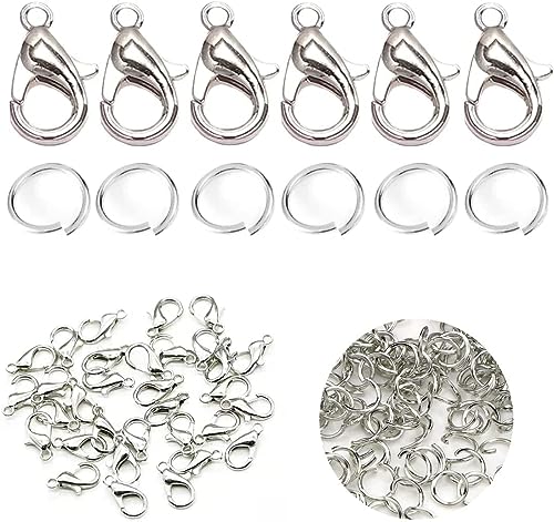 100 Stück Karabinerverschluss und Öffnen Sprung Ringe Legierung Hummer Greifer Haken Verschlüsse für Silbern Verschluss DIY Verschlüsse Halskette Schmuck Zubehör(7x12mm) von ATB-Foger