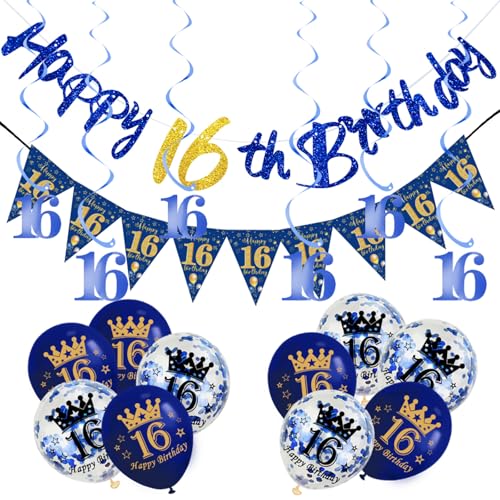 18 Stück marineblaue Dekorationen zum 16. Geburtstag für Ihn, Jungen, Banner zum 16. Geburtstag, Wimpelkette, marineblaue Folie, 16 hängende Wirbel, Luftballons zum 16. Geburtstag für Ihn, von ATBEAMEN