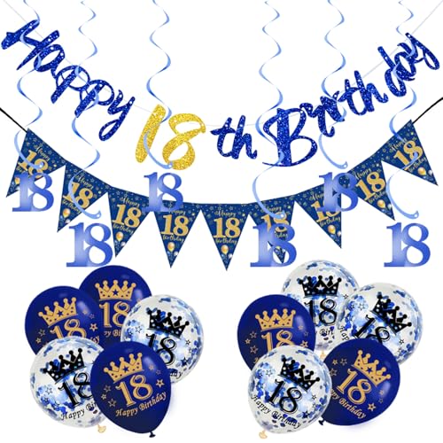 18 Stück marineblaue Dekorationen zum 18. Geburtstag für Ihn, Jungen, Banner zum 18. Geburtstag, Wimpelkette, marineblaue Folie, 18 hängende Wirbel, Luftballons für ihn, von ATBEAMEN