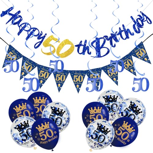 18 Stück marineblaue Dekorationen zum 50. Geburtstag für Ihn, Herren, 50. Geburtstag, Wimpelkette, marineblaue Folie, 50 hängende Wirbel, 50. Geburtstag, Luftballons für Männer, Ihn, von ATBEAMEN