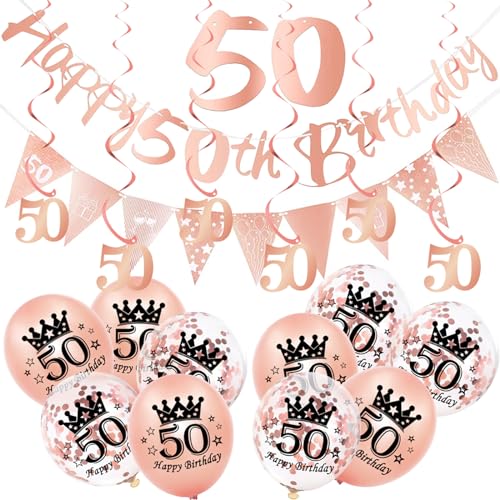 18 Stück rotgoldene Dekorationen zum 50. Geburtstag für Sie, Frauen, Banner zum 50. Geburtstag, Wimpelkette, Wimpelkette, Rotgoldfolie, 50 hängende Wirbel, 50. Geburtstag, Luftballons für Frauen, von ATBEAMEN