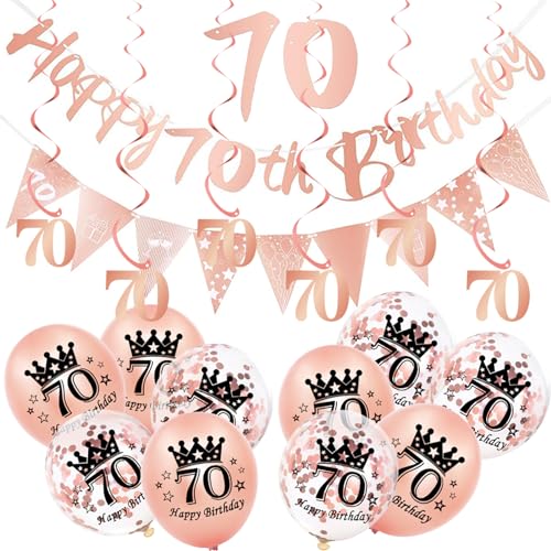 18 Stück rotgoldene Dekorationen zum 70. Geburtstag für Sie, Frauen, Banner zum 70. Geburtstag, Wimpelkette, Wimpelkette, Roségoldfolie, 70 hängende Wirbel, Luftballons zum 70. Geburtstag, von ATBEAMEN
